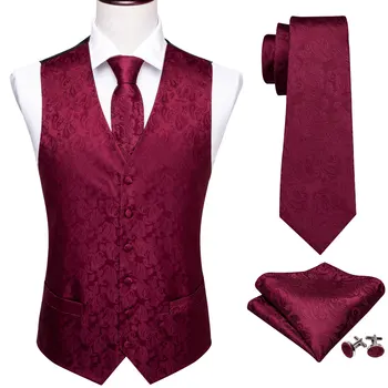 Дизайнерски жилетка за мъжете, расшитый коприна, бургундско червено жилетка с Пейсли, вратовръзка с квадратна джоб, Оборудвана сватбен костюм Бари Уонг
