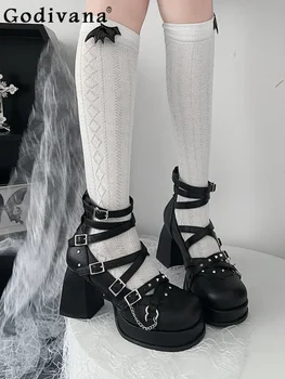 Модни красиви дамски обувки на висок ток в стил пънк-готически, пролет-есен, кожени обувки Y2K Mary Jane, обувки-лодки в стил Лолита 