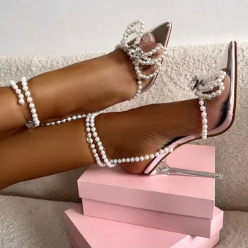 Френските обувки на висок ток с остър пръсти, секси сладък калин лък, прозрачни дамски сандали с кристали