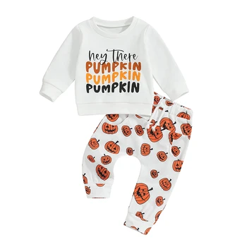 Сладък детски дрешки от 2 теми, hoody с дълъг ръкав с писмото принтом и панталони с принтом тиква, комплект есенни дрехи за новородени