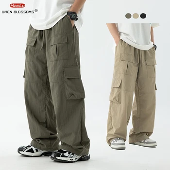 През пролетта 2024 Нови панталони-карго с множество джобове, мъжки панталони-карго армейского зелен цвят, Свободни мъжки ежедневни панталони, мъжки черни панталони