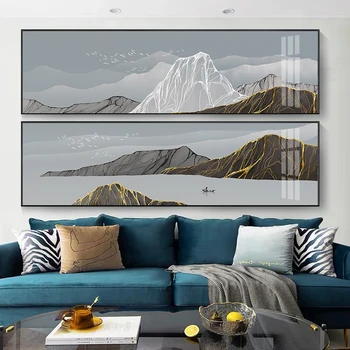 Скандинавски абстрактен геометричен планински пейзаж, монтиране на изкуството, платно картина, плакат с принтом речен кораб, стенни картина за вашия интериор дневна