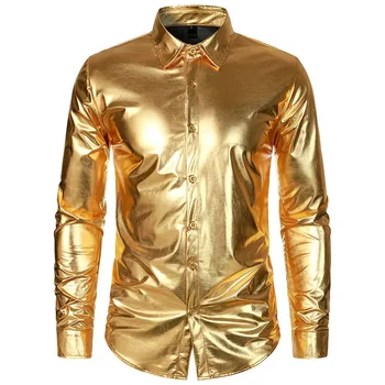 Дизайнерски дрехи от лъскава злато, мъжки лъскава риза за нощен клуб, метален костюм за дискотеки на Хелоуин, мъжка риза в стил рок и хип-хоп