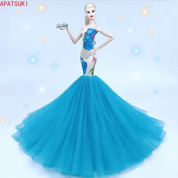 Синьото сватбена рокля на цветчета за кукли Барби, облекло без ръкави, финото дантелено вечерна рокля с риба опашка, аксесоари за кукли 1/6 BJD, детски играчки