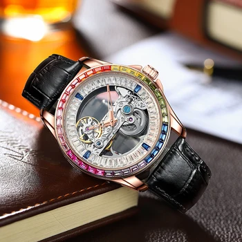 Луксозни автоматични Мъжки часовници марка Mark Fairwhale Модерен часовник с розови диамантен пръстен Бизнес Механични ръчни часовници с кожена каишка