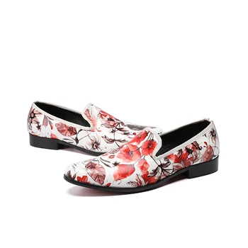 Модни oxfords без обков с бели флорални принтом от изкуствена кожа с остри пръсти, модел обувки за мъже, градинска бизнес ежедневни обувки