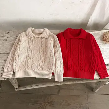 Пуловер Пролетно новост Корея бебешко облекло Потници за момчета и момичета с дизайн в ретро стил, яка с ревери, плетене в ивицата 2024 година на издаване