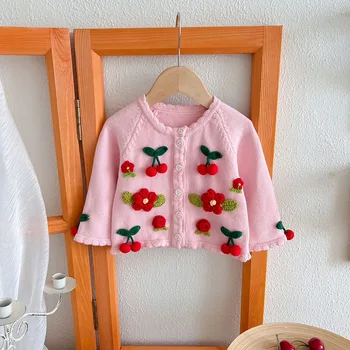 Дрехи за новородени, вязаный пуловер за момичета, есен-пролет, жилетка, ръчно изработени с черешов цвете за момичета, однобортный сладък пуловер, палто