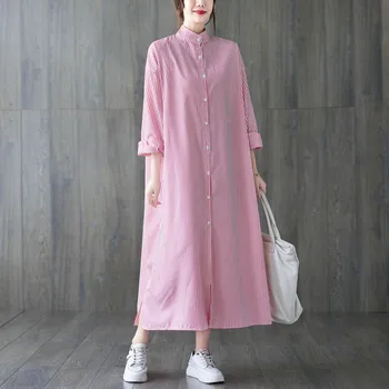 Япония Корея Елегантен дизайн, шарени принт, Однобортное Луксозно Свободно Есента рокля-блуза за момичета, Модно Дамско ежедневното Пролетта рокля