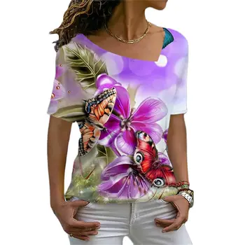 Елегантен пуловер, женска тениска с принтом пеперуди, моден тренд, Тънък, лек наклонена яка, Бял дамски дрехи с къс ръкав за почивка