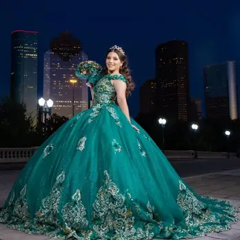 Lorencia Мексиканското Изумрудено Зелено Блестящо Пищни Рокля топка Рокля С Дантелен Аппликацией От мъниста Sweet 16 Dress Vestidos XV 15 Años YQD468