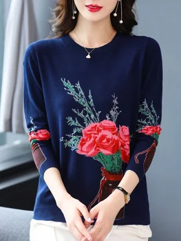 3 Цвята печат Дамски пуловери Пролет Есен Корейски модерен пуловер с дълъг ръкав Женски Мек вязаный тънък пуловер с кръгло деколте