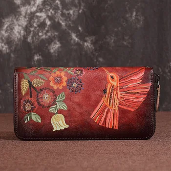 Жена Дълъг портфейл от естествена Кожа За пари, удобна чанта с цип държач за карти, Луксозен Женски Клатч с изображение на Птица и Цвете, ръчни чанти, портфейл