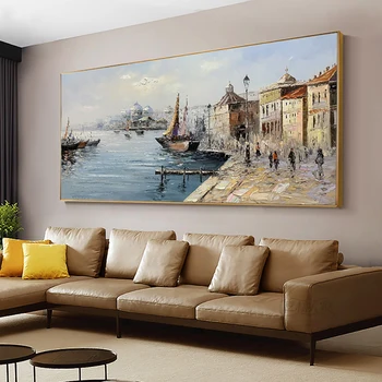 Абстрактна картина на Венеция, Текстурирани, ръчно рисувани с маслени бои върху платно, монтаж на стена арт, ръчно изработени, интериор на хотела голям размер. Живопис Изображение 0