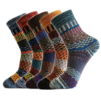 5 Двойки / лот, мъжки дебели вълнени чорапи, есен-зима, висококачествени японски реколта чорапи на райета, топли и удобни меки чорапи EU 38-44 Изображение 0