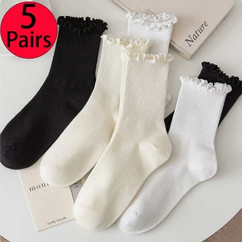 5 чифта Чорапи за Жените, Памучни Чорапи с Волани, Средната Тръба, Къси Чорапи Дишащи Черно, Бяло, Пролетно-Есенни Дамски Чорапи Изображение 0