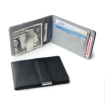 Модерен монофонични мъжки кожен портфейл с двоен клипс за пари и метална скоба за кредитни карти Изображение 0