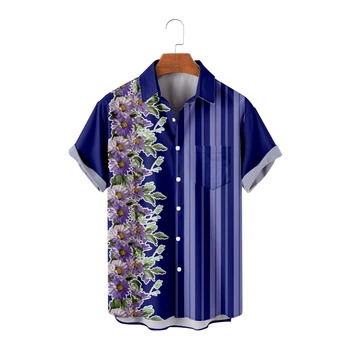 Мъжки ежедневни хавайски ризи с флорални принтом, лилави ризи в лилаво райе с къс ръкав, прохладни летни блузи, реколта дишащи