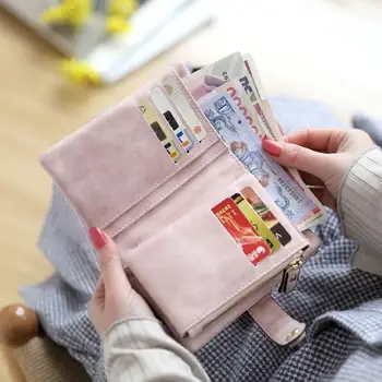 Жена портфейл от изкуствена кожа с цип в три пъти, разменени държач за карти, джоб за монети, чантата за бележки, подарък за рожден ден с каишка, клатч Изображение 0