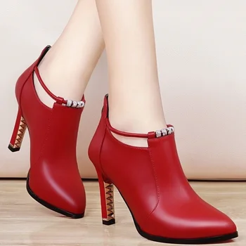 нови Зимни обувки; Дамски Червени обувки С неглубоким кръгла пръсти; Ботильоны на тънък ток и цип От изкуствена кожа; Zapatos De Mujer