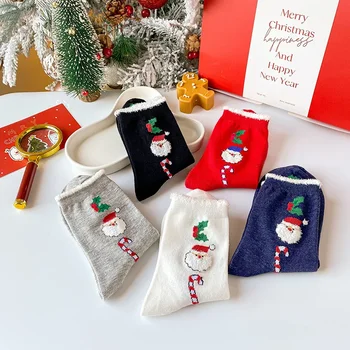 Дамски чорапи с коледен елен със средна дължина, с големи червени есенно-зимни чорапи с участието на Дядо Коледа в навечерието на Коледа