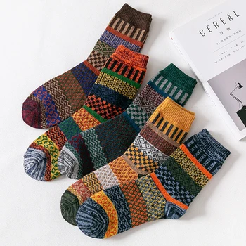 5 Двойки / лот, мъжки дебели вълнени чорапи, есен-зима, висококачествени японски реколта чорапи на райета, топли и удобни меки чорапи EU 38-44 Изображение 1