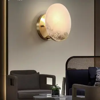 Изцяло меден Нов монтиран на стената лампа в китайски стил с мраморен абажуром, огледало, лампа, Луксозна всекидневна, веранда, вътрешен, с монтиран на стената лампа, стенни лампи за спалня Изображение 1