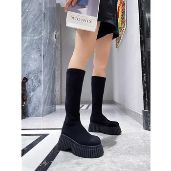 Дамски ботуши до коляното на вязаной платформа, Есенно-зимна нова мода обувки, Модни и удобни класически обувки за дами Изображение 1