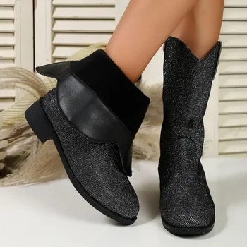 Модерни дамски ботуши на резиновом квадратен ток 2023 г., Универсална Модни дамски обувки до коляното, Обикновена Кръгла ботуши, Зимни Изображение 1