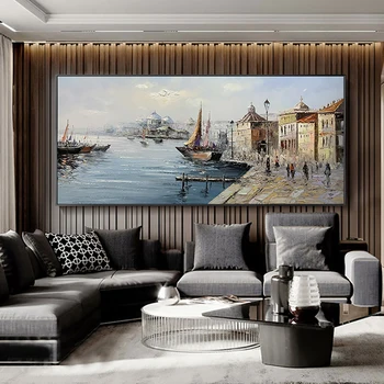 Абстрактна картина на Венеция, Текстурирани, ръчно рисувани с маслени бои върху платно, монтаж на стена арт, ръчно изработени, интериор на хотела голям размер. Живопис Изображение 2
