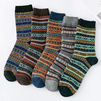 5 Двойки / лот, мъжки дебели вълнени чорапи, есен-зима, висококачествени японски реколта чорапи на райета, топли и удобни меки чорапи EU 38-44 Изображение 2