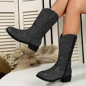 Модерни дамски ботуши на резиновом квадратен ток 2023 г., Универсална Модни дамски обувки до коляното, Обикновена Кръгла ботуши, Зимни Изображение 2