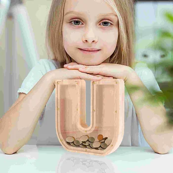 Дървена Банка Монети Kids Piggy Money Counter във Формата На Буквата за Момчета Banks Children Alphabet Изображение 3