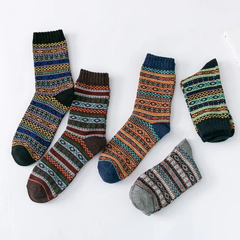 5 Двойки / лот, мъжки дебели вълнени чорапи, есен-зима, висококачествени японски реколта чорапи на райета, топли и удобни меки чорапи EU 38-44 Изображение 3