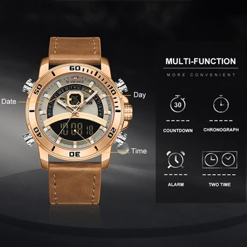 NAVIFORCE Модерни ежедневни мъжки часовници с двоен дисплей, многофункционална кварцов часовник, луксозни кожени водоустойчиви часовници с високо качество Изображение 3