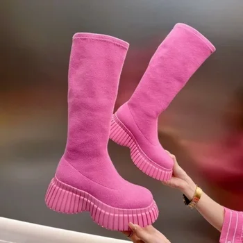 Дамски ботуши до коляното на вязаной платформа, Есенно-зимна нова мода обувки, Модни и удобни класически обувки за дами Изображение 3