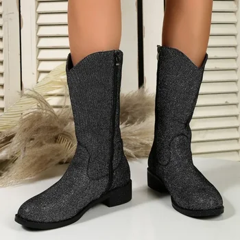 Модерни дамски ботуши на резиновом квадратен ток 2023 г., Универсална Модни дамски обувки до коляното, Обикновена Кръгла ботуши, Зимни Изображение 3