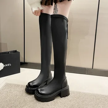 Марка дамски обувки 2023 г.; дамски ботуши с цип; есенни водоустойчив модни ботуши над коляното с кръгла пръсти на платформа и среден ток; Изображение 4