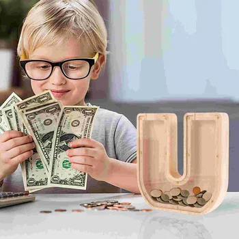 Дървена Банка Монети Kids Piggy Money Counter във Формата На Буквата за Момчета Banks Children Alphabet Изображение 4