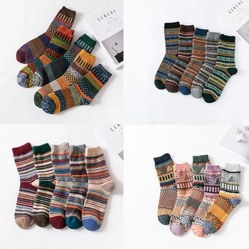 5 Двойки / лот, мъжки дебели вълнени чорапи, есен-зима, висококачествени японски реколта чорапи на райета, топли и удобни меки чорапи EU 38-44 Изображение 4