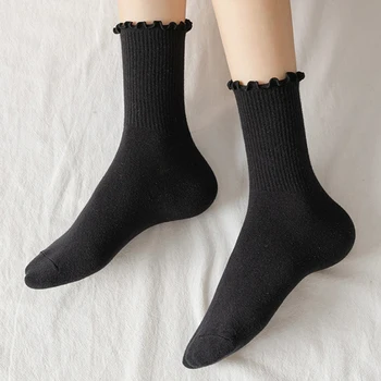 5 чифта Чорапи за Жените, Памучни Чорапи с Волани, Средната Тръба, Къси Чорапи Дишащи Черно, Бяло, Пролетно-Есенни Дамски Чорапи Изображение 4