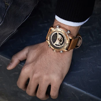 NAVIFORCE Модерни ежедневни мъжки часовници с двоен дисплей, многофункционална кварцов часовник, луксозни кожени водоустойчиви часовници с високо качество Изображение 4