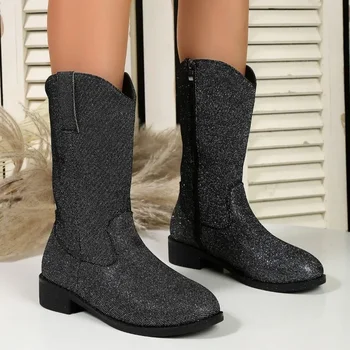 Модерни дамски ботуши на резиновом квадратен ток 2023 г., Универсална Модни дамски обувки до коляното, Обикновена Кръгла ботуши, Зимни Изображение 4