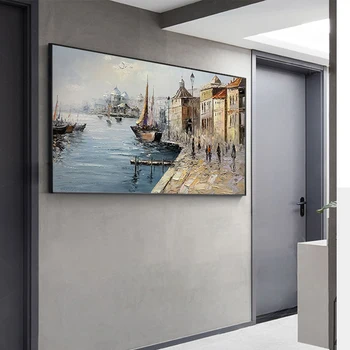 Абстрактна картина на Венеция, Текстурирани, ръчно рисувани с маслени бои върху платно, монтаж на стена арт, ръчно изработени, интериор на хотела голям размер. Живопис Изображение 5
