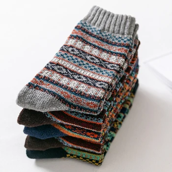 5 Двойки / лот, мъжки дебели вълнени чорапи, есен-зима, висококачествени японски реколта чорапи на райета, топли и удобни меки чорапи EU 38-44 Изображение 5