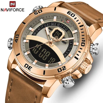 NAVIFORCE Модерни ежедневни мъжки часовници с двоен дисплей, многофункционална кварцов часовник, луксозни кожени водоустойчиви часовници с високо качество Изображение 5