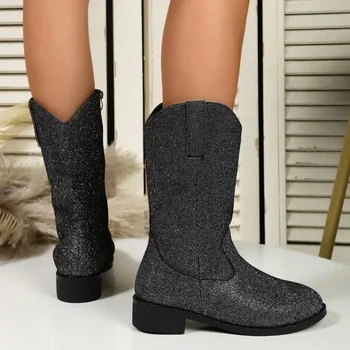 Модерни дамски ботуши на резиновом квадратен ток 2023 г., Универсална Модни дамски обувки до коляното, Обикновена Кръгла ботуши, Зимни Изображение 5