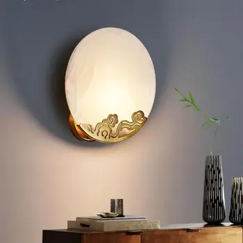 Изцяло меден Нов монтиран на стената лампа в китайски стил с мраморен абажуром, огледало, лампа, Луксозна всекидневна, веранда, вътрешен, с монтиран на стената лампа, стенни лампи за спалня