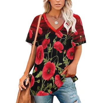 Годишна жена нова тениска с къс ръкав, цветен графичен принт, V-образно деколте, дрехи Y2k, графични дамски блузи Изображение 0